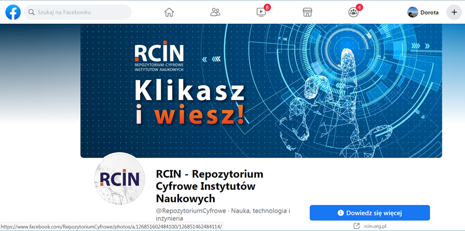 Widok strony RCIN na Facebook -logo RCIN, z prawej cyfrowa ręka wciskająca guzik
